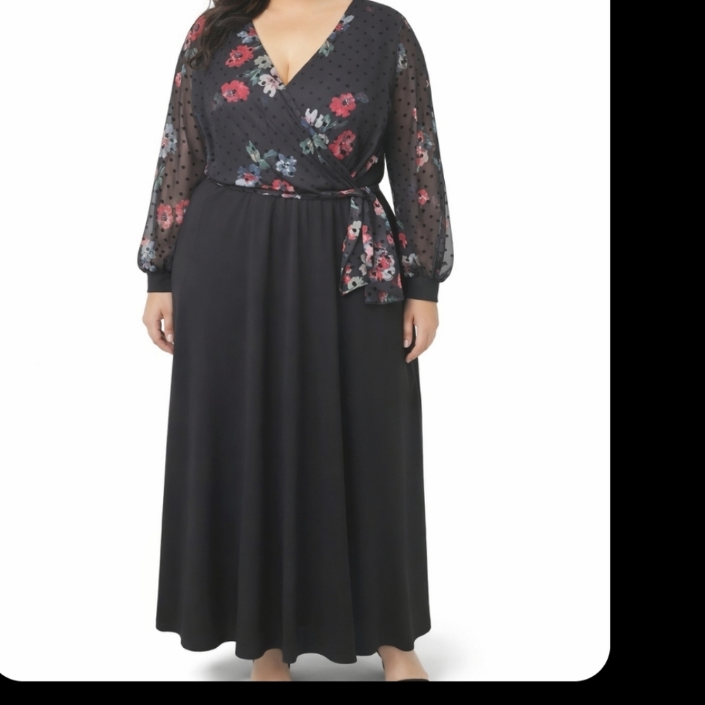 NWT Black Floral Wrap Maxi Dress  Sheer Polka Dot Sleeves Boho Romantic Large